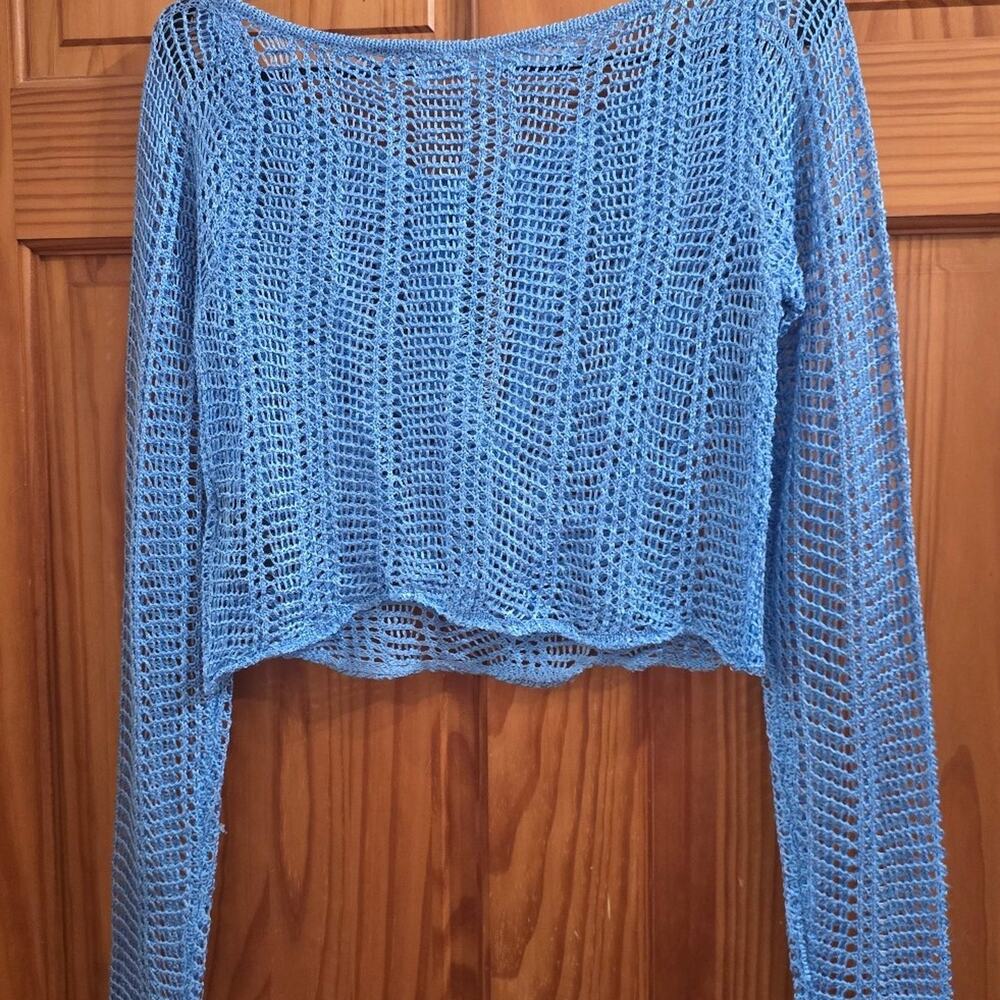 Silence + Noise blue open-knit crop sweater size small - Picture 2 of 4